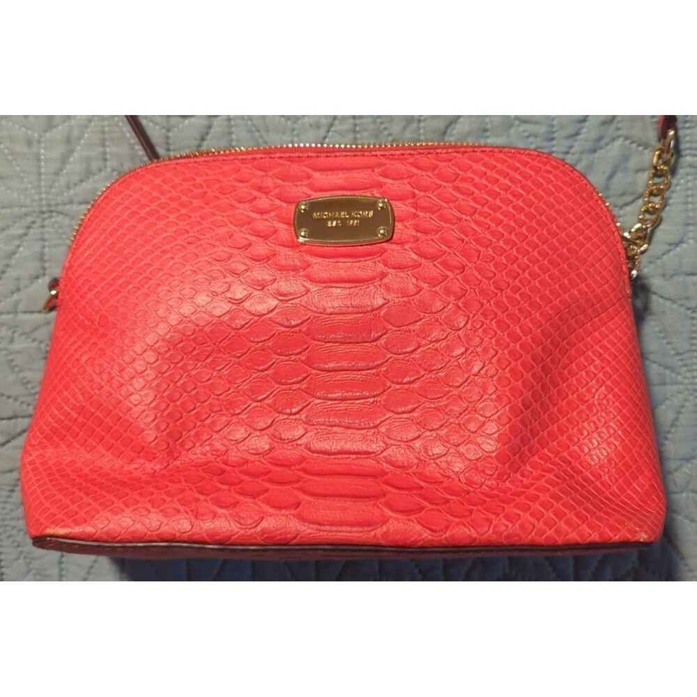 Michael Kors Cindy Lg Dome Crossbody Mandarin Snake Embossed Leather Goldtone